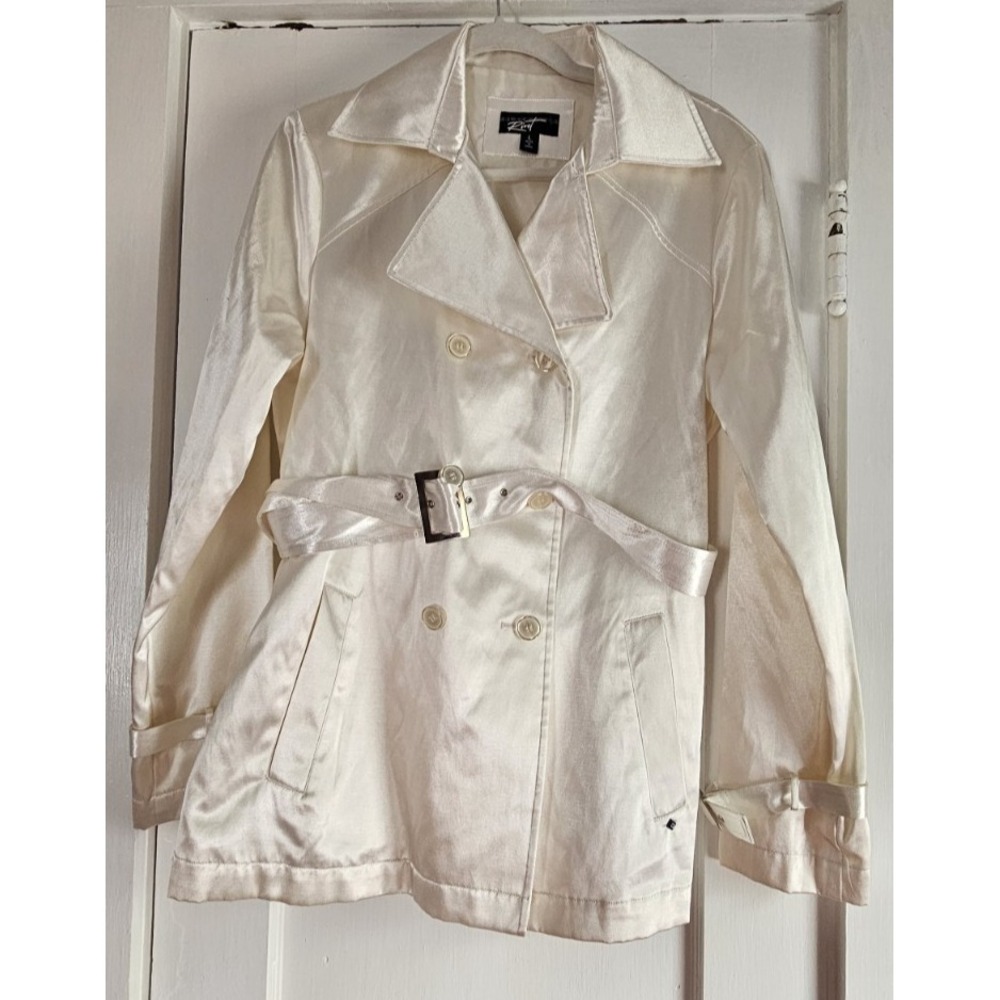 BLACK Rivet womans L ivory satinlike double breasted belted trench coat